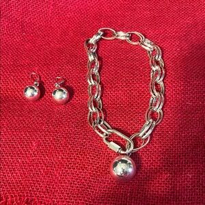 Sterling Silver Ball Charm Chain Bracelet with Matching Stud Earrings - Silver